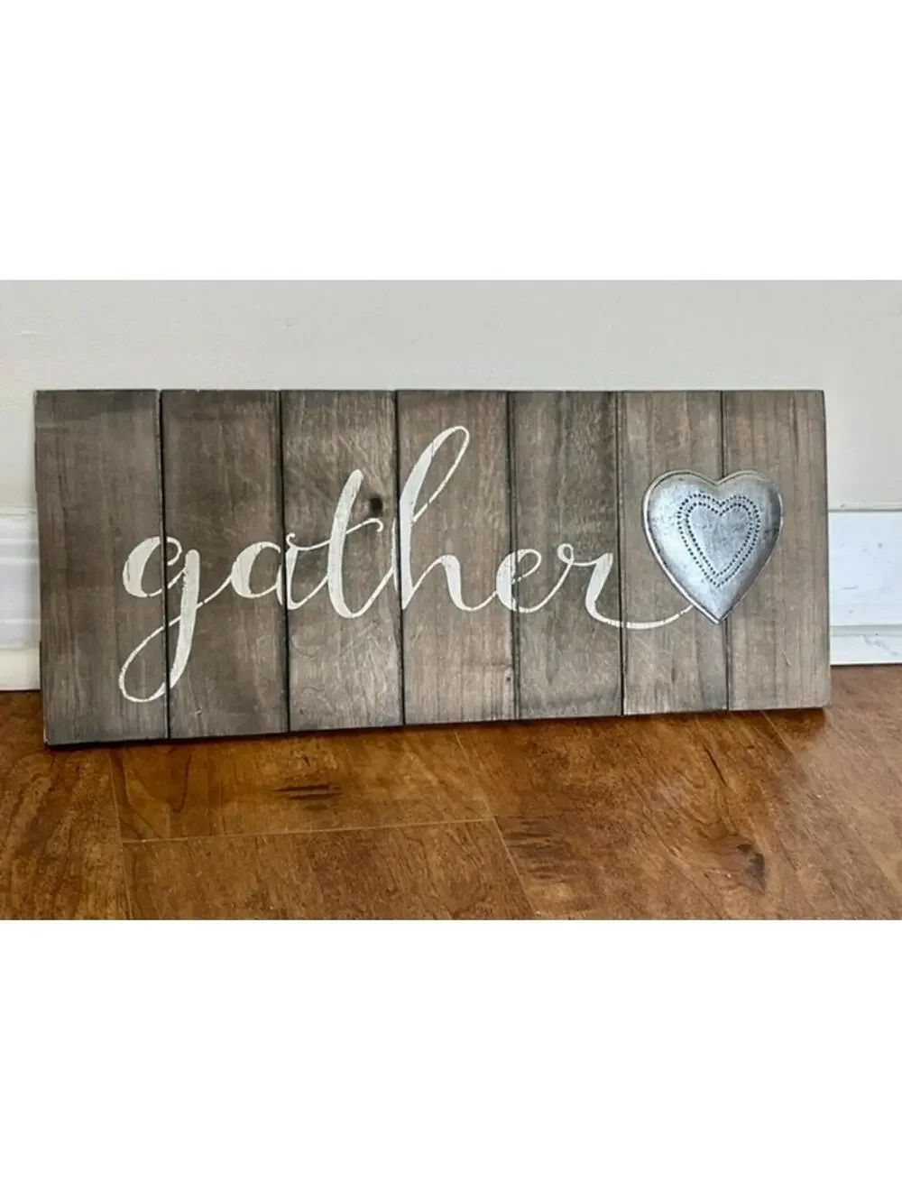 Rustic Wooden Gather Wall Sign with Metal Heart Accent